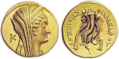 GREEK COINS Ptolemaic Kings of Egypt Period of Ptolemy VI and Ptolemy VIII, 180-116 BC. Oktadrachm (Gold, 27mm, 27.76 g 12), c. 134 BC (?). Head of Arsinoë II (?) to right, wearing diadem and stephane