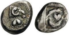GREEK COINS Kyrenaica Barce (in alliance with Euhesperides?). c. 480 BC. Didrachm (Silver, 15mm, 8.32 g). Ram’s head to right, with a beaded truncation; below, silphium fruit (seed pod?); around, bord