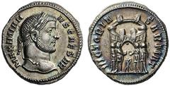 ROMAN & BYZANTINE COINS Galerius, Caesar, 293-305. Argenteus (Silver, 18mm, 3.43 g 12), Ticinum, 295. MAXIMIANVS CAESAR Laureate head of Galerius to right. Rev. VICTORIA SARMAT Four tetrarchs sacrific