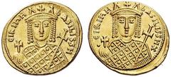 ROMAN & BYZANTINE COINS Irene, 797-802. Solidus (Gold, 20mm, 4.51 g 6), Constantinople. ЄIRInH bASILISSH Bust of Irene facing, wearing loros and crown with cross, pinnacles and pendilia, holding a glo