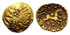 CELTIC BRITAIN, Regini & Atrebates. Uninscribed, circa 75-45 BC. Quarter stater (Gold, 15mm, 1.38 g 2). Abstract head of Apollo with spiky hair to right. Rev. Celticized horse prancing right, with tri