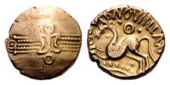 CELTIC BRITAIN, Trinovantes. Dubnovellaunos, c. 5 BC-AD 10. Stater (Gold, 17mm, 5.36 g). Wreath design with crescents at the middle. Rev. DVBNOVIILLAVN Horse prancing to left; above, pellet within rin