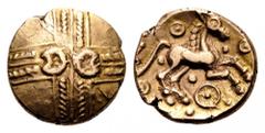 CELTIC BRITAIN, Catuvellauni. Addedomaros, c. 45-25 BC. Stater (Gold, 18mm, 5.57 g). Crossed wreaths with two crescents back to back at the center. Rev. [AĐĐIIDOM] Horse to right; below, wheel; above 
