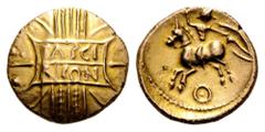 CELTIC BRITAIN, Catuvellauni. Tasciovanos, c. 25 BC-AD 10. Stater (Gold, 18mm, 5.46 g). TASCI / RICON within double panel over vertical wreath. Rev. Warrior riding left, his body turned back to right,