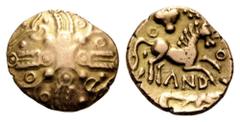 CELTIC BRITAIN, Catuvellauni. Andoco, c. 20-1 BC. Stater (Gold, 16-18mm, 5.40 g). Crossed wreaths with two pairs of opposed filling ornaments. Rev. AND - O Horse prancing to right; above left, bucrani