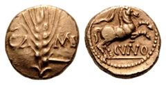 CELTIC BRITAIN, Catuvellauni & Trinovantes. Cunobelin, c. 8-41. Stater (Gold, 16mm, 5.39 g 1), Camulodunon (Colchester). CA MV Grain ear. Rev. CVNO Horse jumping to right; above, branch. ABC 2795 ( th