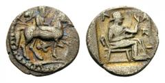 THESSALY, Larissa. Circa 479-465 BC. Trihemiobol (Silver, 13mm, 1.28 g 2). Horseman, Aleuas, with petasos hanging behind his head and holding a transverse spear, riding right; below, lion’s head to ri