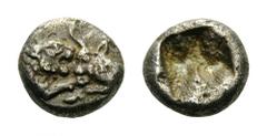 KINGS of LYDIA. Kroisos, Circa 560-546 BC. 1/24th Stater (Silver, 6mm, 0.41 g), Sardes, 550-546. Confronted foreparts of a lion, on the left facing right, and a bull, on the right facing left. Rev. In