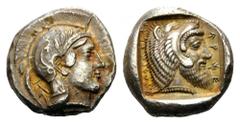 DYNASTS of LYCIA. Kherei, circa 440/30-410 BC. Stater (Silver, 19mm, 8.63 g 12), Telmessos. Helmeted head of Athena to right; behind, Lycian letter. Rev. kherêi telebehe Head of bearded Herakles weari
