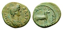 LYDIA, Cilibiani Superiores. Domitia, Augusta, 82-96. Hemiassarion (?) (Bronze, 16mm, 3.04 g 6). ΔΟΜΙΤΙΑ CΕΒΑCΤΗ Draped bust of Domitia to right. Rev. [ΚΙΛΙΒΙ]ΑΝ ΤΩΝ ΑΝΩ Stag standing right. BMC 196. 