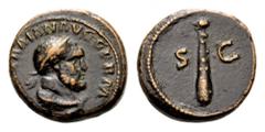Trajan, 98-117. Quadrans (Copper, 13mm, 2.79 g 6), Rome, undated. IMP CAES TRAIAN AVG GERM Diademed bust of Trajan to right with lionskin around neck. Rev. S - C Club. BMC 1071. Cohen 343. RIC 699. Gl