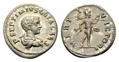 Geta, as Caesar, 198-209. Denarius (Silver, 19mm, 2.98 g 5), Laodicea ad Mare, 202-203. P SEPTIMIVS GETA CAES Bareheaded, draped and cuirassed bust of Geta to right. Rev. MARTI VICTORI Mars advancing 