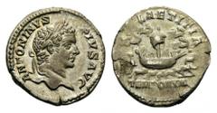 Caracalla, 198-217. Denarius (Silver, 18mm, 3.53 g 1), Rome, 206. ANTONINVS PIVS AVG Laureate head of Caracalla to right. Rev. LAETITIA TEMPORVM Circus scene: in the middle, a galley under sail to lef