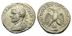 Emesa. Macrinus, 217-218. Tetradrachm (Silver, 26 mm, 12.46 g 11). ΑΥΤ Κ Μ ΟΠ CΕ ΜΑΚΡΙΝΟC CΕΒ ( retrograde ) Laureate, draped and cuirassed bust of Macrinus to left, seen from behind. Rev. ΔΗΜΑΡΧ ΕΞ Υ