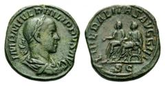 Philip II, AD 247-249. Sestertius (Orichalcum, 30mm, 19.32 g 12), Rome, 248. IMP M IVL PHILIPPVS AVG Laureate, draped and cuirassed bust of Philip II to right. Rev. SAECVLARES AVGG III / S C Philip II