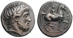 GREEK COINS Kings of Macedon Philip II, 359-336 BC. Tetrad­rachm (Silver, 24mm, 14.49g 12), Pella, 342/1-337/6. Laureate head of Zeus to right. Rev. ΦΙΛΙΠΠΟΥ Nude jockey on horse prancing to right, ho