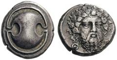 GREEK COINS Boeotia Thebes, c. 405-395 BC. Stater (Silver, 20mm, 11.91g). Boeotian shield. Rev. Θ - Ε Bearded head of Dionysos, three-quarters facing, turned slightly to right, wearing ivy wreath. BCD