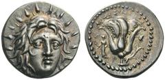 GREEK COINS Islands off Caria Rhodos. Rhodes, c . 408/7-404 BC. c. 250-229 BC. Didrachm (Silver, 20mm, 6.72g 12), Mnasi­machos. Radi­ate head of Helios facing, turned slightly to the right. Rev. ΜΝΑΣΙ