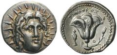 GREEK COINS Islands off Caria Rhodos. Rhodes, c . 408/7-404 BC. c. 250-229 BC. Didrachm (Silver, 20mm, 6.71g 12), Timotheos. Radiate head of Helios facing, turned slightly to the right. Rev. ΤΙΜΟΘΕΟΣ 