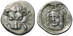 GREEK COINS Dynasts of Lycia Zagaba, c. 400-380 BC. Third Stater (Silver, 15mm, 3.15g 7). Lion’s scalp. Rev. zrçr­BrCr Head of Athena, three-quarter facing to left, wearing crested and plumed helmet. 