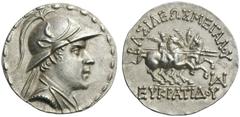 GREEK COINS Baktria Greco-Baktrian Kingdom. Eukratides I, c. 170-145 BC. Tetradrachm (Silver, 32mm, 17.00g 12), c. later 160s. Diademed and draped bust of Eukratides to right, wearing Macedonian helme