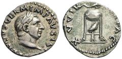 ROMAN AND BYZANTINE COINS Vitellius, 69. Denarius (Silver, 18mm, 3.28g 5), Rome, April- December 69. A VITELLIVS GERM IMP TR P Laureate head of Vitellius to right. Rev. XV VIR SACR FAC Tripod with cov