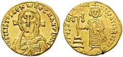 ROMAN AND BYZANTINE COINS Justinian II, first reign, 685-695. Solidus (Gold, 20mm, 4.37g 6), Constantinople, 692-695. IhS CRISTDS REX REGNANTIuM Draped bust of Christ facing, with long hair and full b