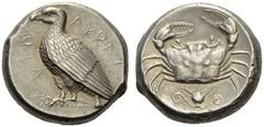 SICILY, Akragas. Circa 460-450/46 BC. Tetradrachm (Silver, 23mm, 17.37 g 12). ΑΚΡΑC - ΑΝΤΟC ( partially retrograde ) Eagle standing left with closed wings. Rev. Crab; below, lotos flower on double spi