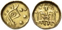 KOLCHIS, The Caucusus Area. 1st century BC/1st - 2nd century AD. Stater (Gold, 15mm, 3.52 g 7). Stylized head with huge eye and crest; around, four pellets. Rev. Facing figure with large ‘wings’ and a