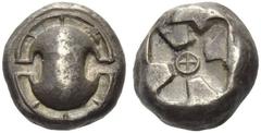 Boeotia, Thebes. Circa 480-460 BC. Stater (Silver, 16mm, 11.87 g). Boeotian shield with rim divided into eight compartments. Rev. Incuse square with anticlockwise mill-sail pattern; at the center, q. 