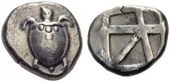 ISLANDS off ATTICA, Aegina. Circa 480-457 BC. Stater (Silver, 21mm, 12.28 g). Sea turtle with line of pellets down the back of its shell. Rev. Square incuse with large skew pattern. Milbank Pl. I, 15.