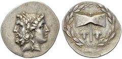 ISLANDS off TROAS, Tenedos. Circa 100-70 BC. Tetradrachm (Silver, 37mm, 16.81 g 12). Janiform head composed of a laureate and bearded head of Zeus to left and a diademed head of Hera to right. Rev. ΤΕ