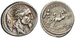 L. Hostilius Saserna, 48 BC. Denarius (Silver, 18mm, 3.93 g 5), Rome. Bearded male head to right, his hair straggling out behind him; cloak around neck and Gallic shield behind. Rev. L.HOSTILIVS / SAS