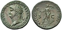 Nero, 54-68. Dupondius (Orichalcum, 28.5mm, 13.68 g 6), Rome, 64. NERO.CLAVD CAESAR.AVG.GER P.M.TR.P.IMP P.P. Radiate head of Nero to left. Rev. VICTORIA AVGVSTI / S - C Victory walking to left, holdi