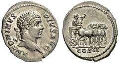 Caracalla, 198-217. Denarius (Silver, 19mm, 3.18 g 2), Rome, 206. ANTONINVS PIVS AVG Laureate head of the youthful Caracalla to right. Rev. COS II Triumphal quadriga walking to right; in car, Caracall