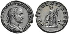 Gordian I, 238. Sestertius (Orichalcum, 29mm, 19.39 g 11), Rome, “1-22 April 238”. IMP CAES M ANT GORDIANVS AFR AVG Laureate, draped and cuirassed bust of Gordian I to right. Rev. PROVIDENTIA AVGG / S
