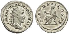 Philip I, 244-249. Antoninianus (Silver, 23mm, 4.36 g 12), Rome, 245. IMP M IVL PHILIPPVS AVG Radiate, draped and cuirassed bust of Philip I to right. Rev. P M TR P II COS P P Philip I seated left on 