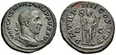 Philip I, 244-249. As (Copper, 26mm, 10.26 g 12), Rome, 247. IMP CAES M IVL PHILIPPVS AVG Laueate, draped and cuirassed bust of Philip I to right. Rev. P M TR P IIII COS II P P / S - C Felicitas stand