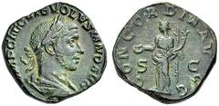 Volusian, 251-253. Sestertius (Orichalcum, 28mm, 20.34 g 6), Rome. IMP CAE C VIB VOLVSIANO AVG Laureate, draped and cuirassed bust of Volusian to right. Rev. CONCORDIA AVGG / S - C Concordia standing 