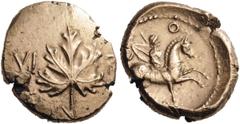 CELTIC BRITAIN, Atrebates & Regni. Verica, 10-40. Stater (Gold, 16mm, 5.17 g 2), vine leaf type, southern mint: either in or near Chichester or Silchester. VI - R[I] Vine leaf. Rev. C - O - [F] Warrio