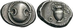 BOEOTIA, Thebes. Circa 425-400 BC. Stater (Silver, 20mm, 12.12 g). Boeotian shield. Rev. Θ Ε Amphora with fluted decoration on the shoulder; hanging from the right handle, ivy leaf; above, club. BCD -