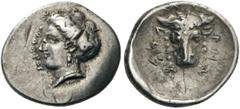 CRETE, Polyrhenion. Circa 320-270 BC. Hemidrachm (Silver, 17mm, 2.70 g 2). ΠΥΘΟΔΩΡΟΥ Head of Artemis Diktynna (?) to left, wearing triple pendant earring, pearl necklace and with her hair bound up and