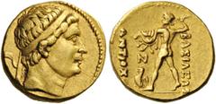 BAKTRIA, Greco-Baktrian Kingdom. Diodotos I, circa 255-235 BC. Stater (Gold, 16mm, 8.23 g 6), in the name of the Seleukid king Antiochos II, mint A (Aï Khanoum area). Diademed head of Antiochos II to 