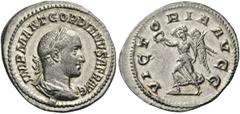 Gordian II, 238. Denarius (Silver, 19mm, 2.46 g 6), Rome, March-April 238. IMP M ANT GORDIANVS AFR AVG Laureate, draped, and cuirassed bust of Gordian II to right. Rev. VICTORIA AVGG Victory advancing