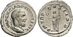 Pupienus, 238. Denarius (Silver, 21mm, 3.08 g 12), Rome. IMP C M CLOD PVPIENVS AVG Laureate, draped and cuirassed bust of Pupienus to right. Rev. P M TR P COS II P P Felicitas standing left, holding c
