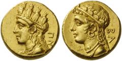 GREEK COINS CYPRUS Salamis. Pnytagoras, circa 351/0-332/1 BC. Stater (Gold, 16mm, 8.31 g 12). ΠΝ Draped bust of Aphrodite to left, wearing mural crown, necklace and pendant earring. Rev. ΒΑ Diademed b