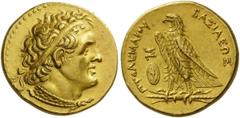 GREEK COINS EGYPT Ptolemy II Philadelphos, 285-246 BC. Pentadrachm (Gold, 23mm, 17.86 g 12), Alexandria, year Λ = 11 = 264. Diademed head of Ptolemy I to right, wearing aegis around his neck. Rev. ΒΑΣ