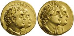 GREEK COINS EGYPT Ptolemy II Philadelphos, with Arsinöe II, Ptolemy I, and Berenike I, 285-246 BC. Mnaeion or Octodrachm (Gold, 24mm, 27.77 g 11), after 265. ΑΔΕΛΦΩΝ Diademed jugate busts of Ptolemy I
