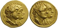 GREEK COINS EGYPT Ptolemy II Philadelphos, with Arsinöe II, Ptolemy I, and Berenike I, 285-246 BC. Pentekontadrachma, or Half Mnaieia (Gold, 21mm, 13.86 g 12), Alexandria, after 265. ΑΔΕΛΦΩΝ Jugate bu