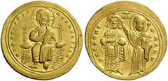 BYZANTINE AND EARLY MEDIEVAL COINS Romanus III Argyrus, 1028-1034. Histamenon (Gold, 24mm, 4.45 g 6), Constantinople. +IhS XIS REX REGNANTIhM Christ Pantokrator seated facing on throne, holding book i